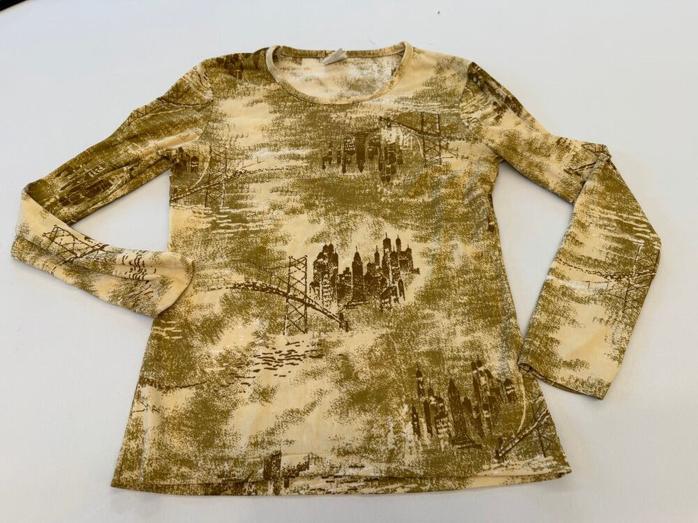70s Vintage City Skyline Graphic Long Sleeve  Nylon Top Olive Earthy Y2K
